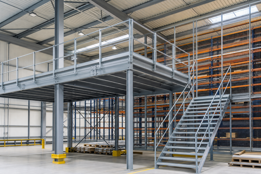 Illustration : Installation de plateformes industrielles sur poteaux ou sur rayonnage en France