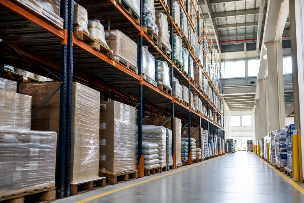 Allée de rayonnage à palettes dans un entrepôt logistique