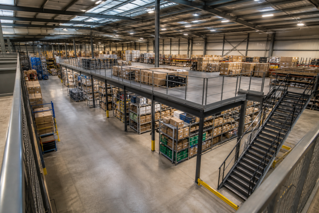 Plateforme de stockage sur poteaux dans un grand entrepôt